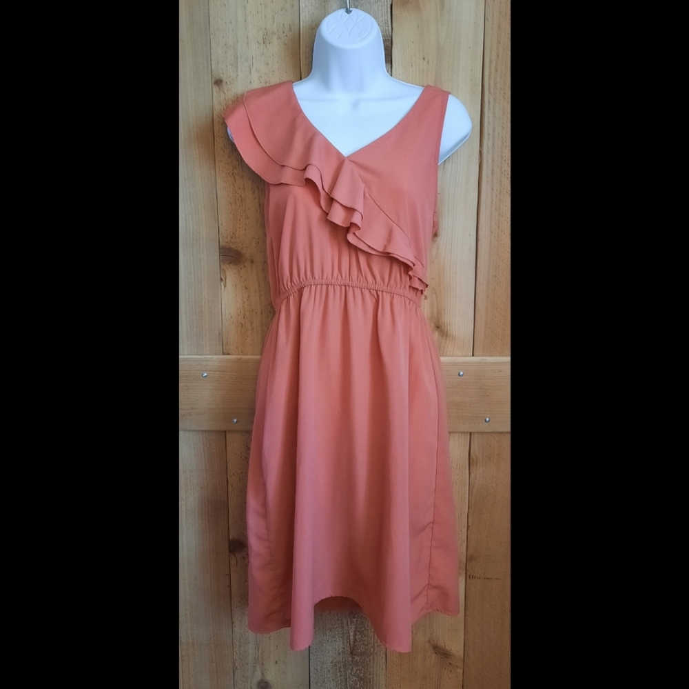 Salmon Pink Ruffle Sleeve Dress